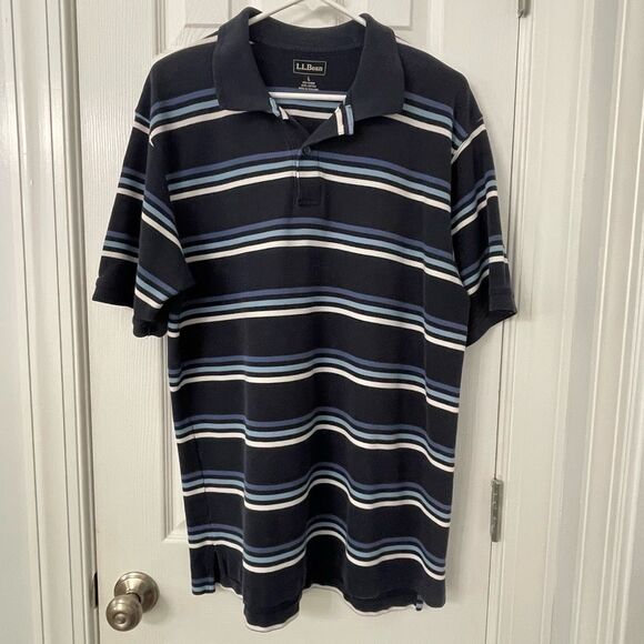 L.L.Bean Men’s Striped Polo Shirt Size Large 100% Cotton Navy Blue - Picture 1 of 6
